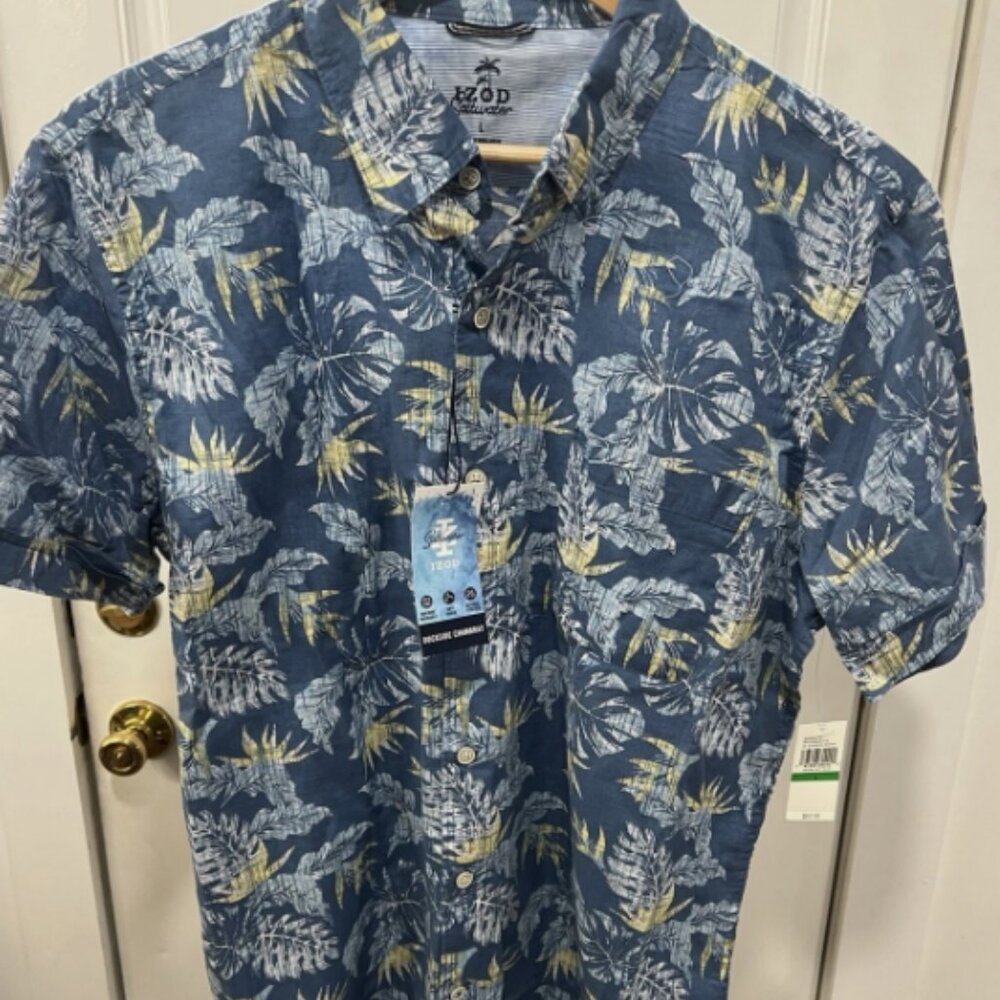 Mens IZOD Saltwater Dockside Chambray Shirt L NWT Moonlight Blue Tropical Button